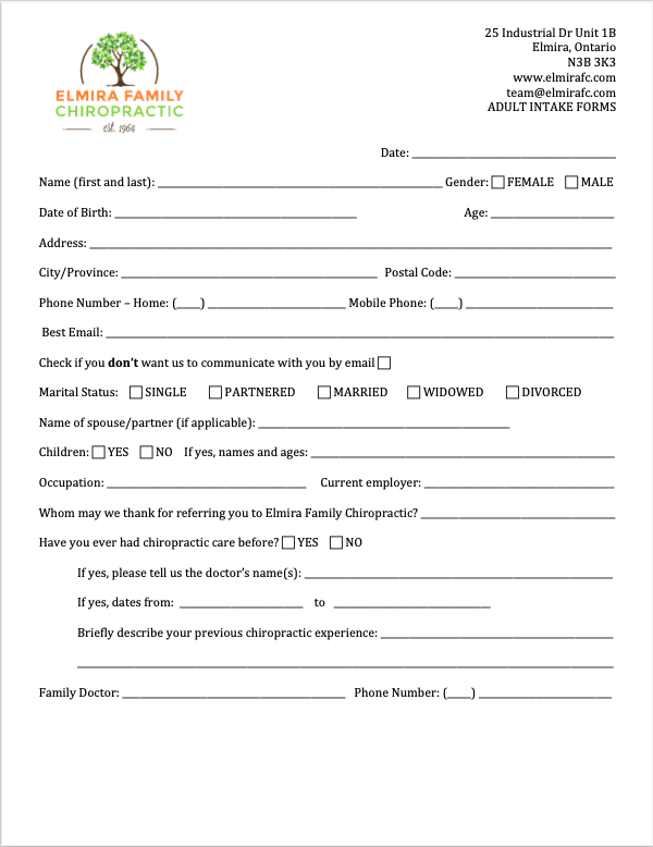 adult intake form page 1 elmira family chiropractic